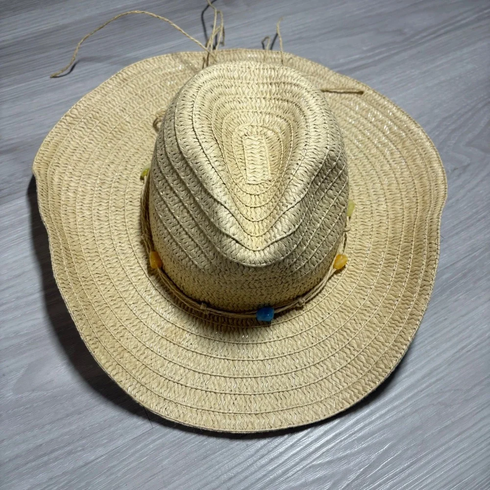 White Mountain Hat Womens Tan Straw Cowboy Hat Beaded Western Sun Hat OS